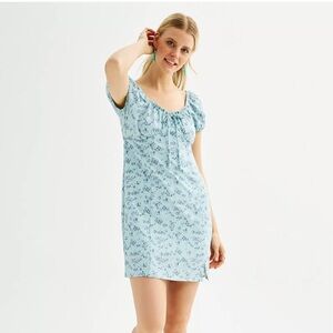 Pink Republic Blue Floral Dress with puff cup sleeves and sweetheart neckline